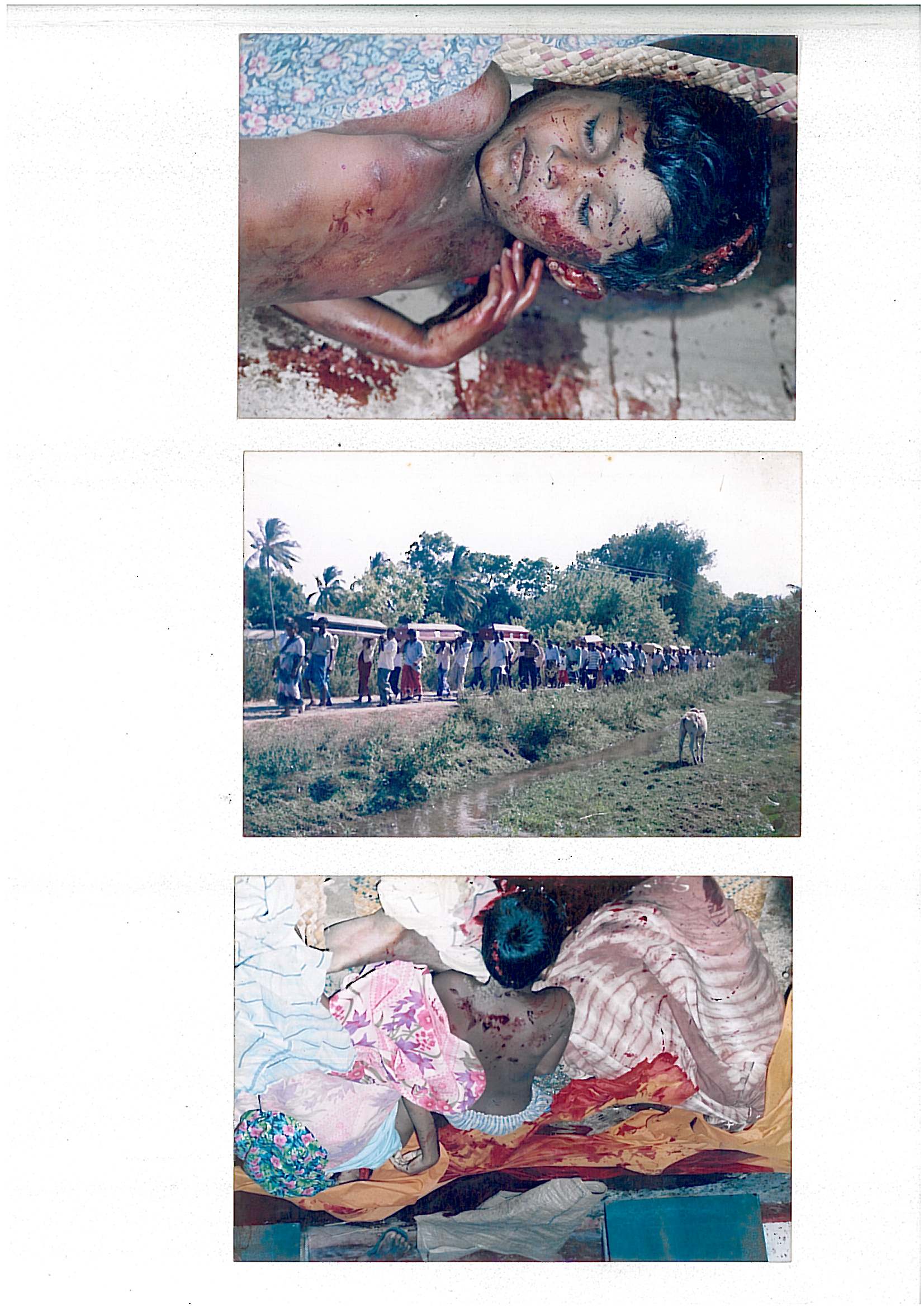 Scanned page of three photographs: a child lying dead on a mat, a funeral procession carrying coffins, and a victim lying on bedding