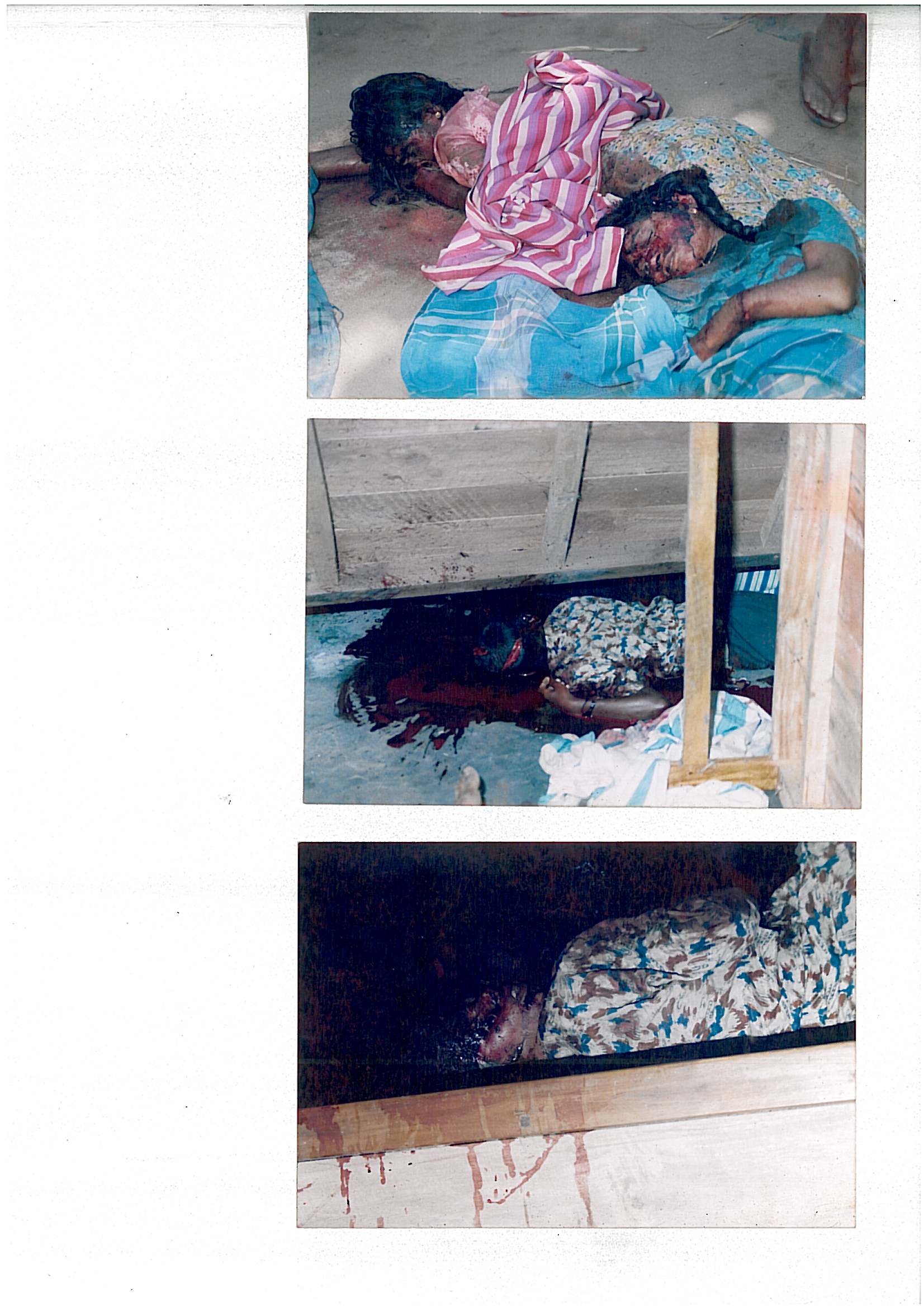 Scanned page of three photographs showing the bodies of victims inside houses, including a body beneath a wooden bed