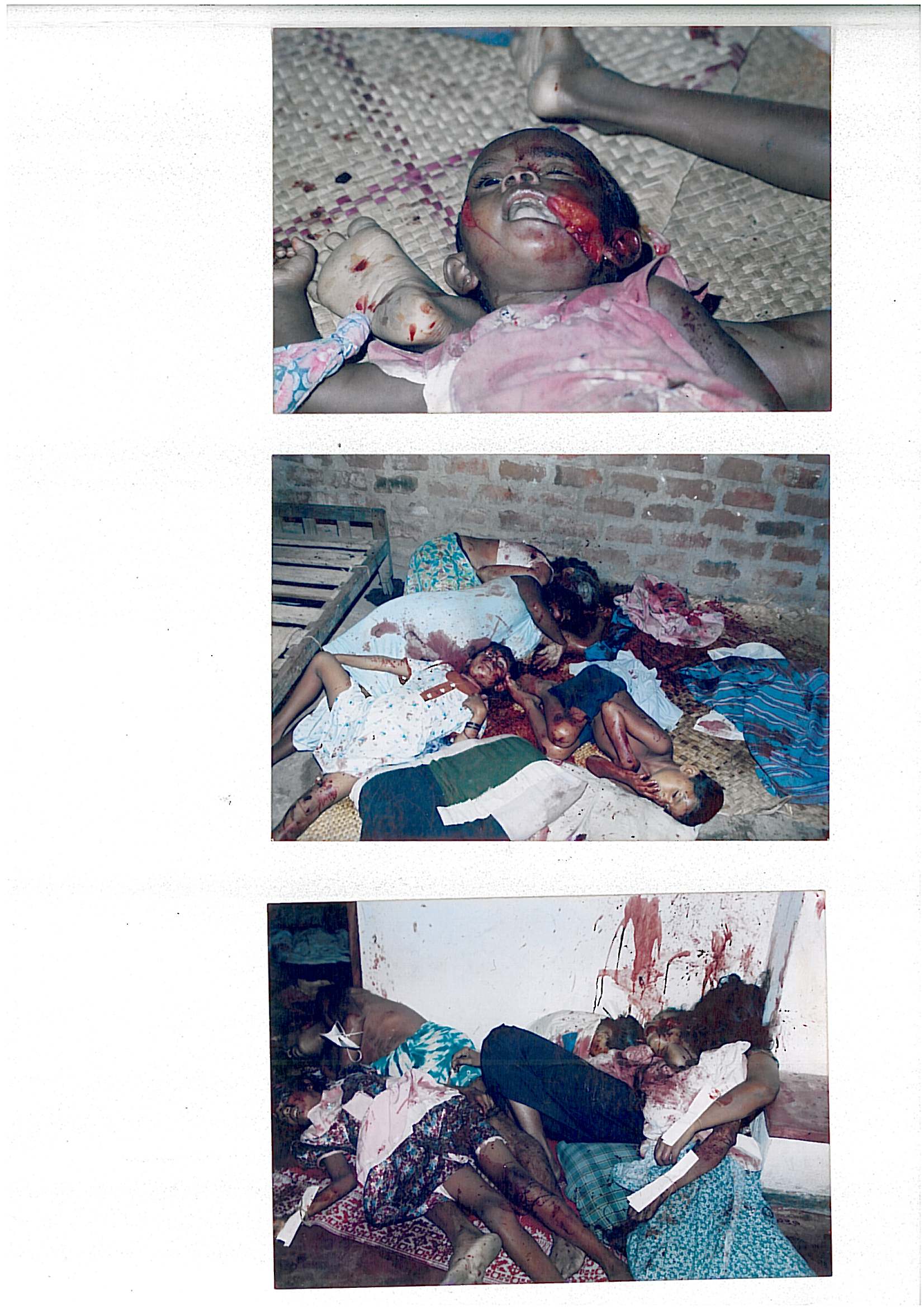 Scanned page of three photographs showing the bodies of victims, including children, on the floors of houses