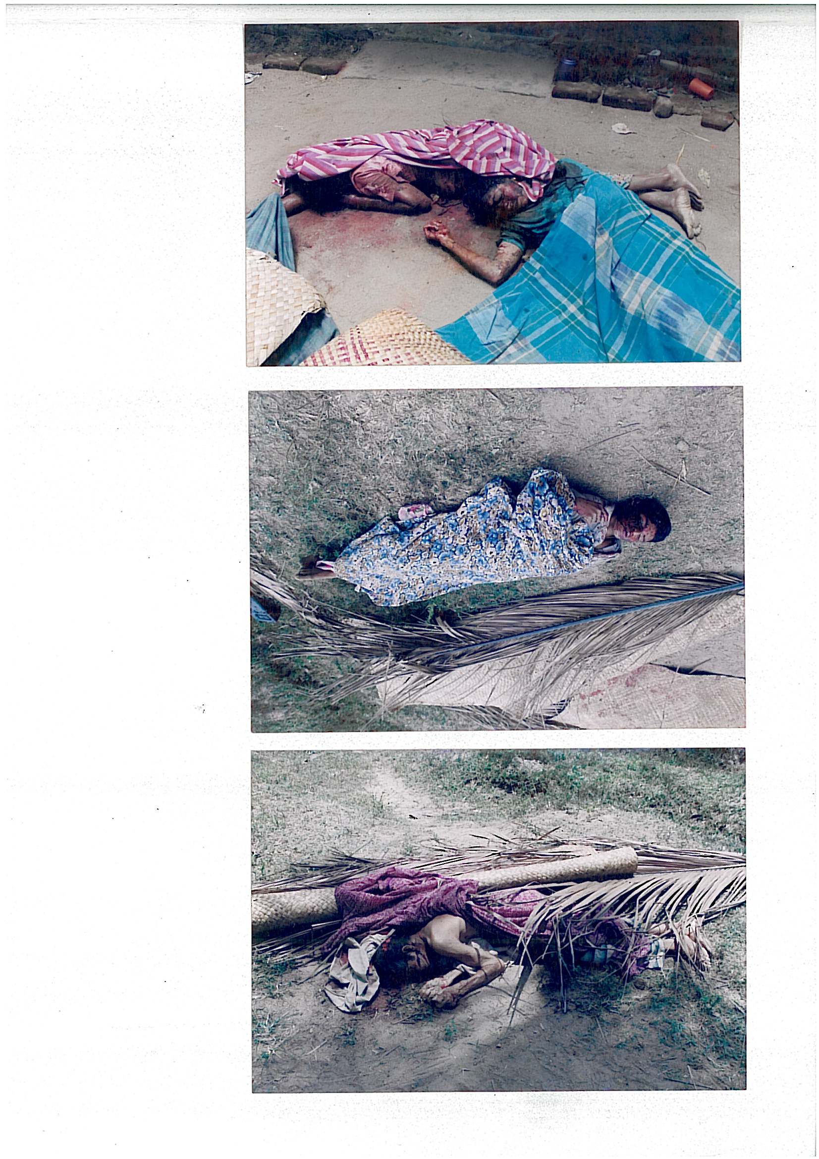 Scanned page of three photographs showing the bodies of victims lying on the ground outside houses