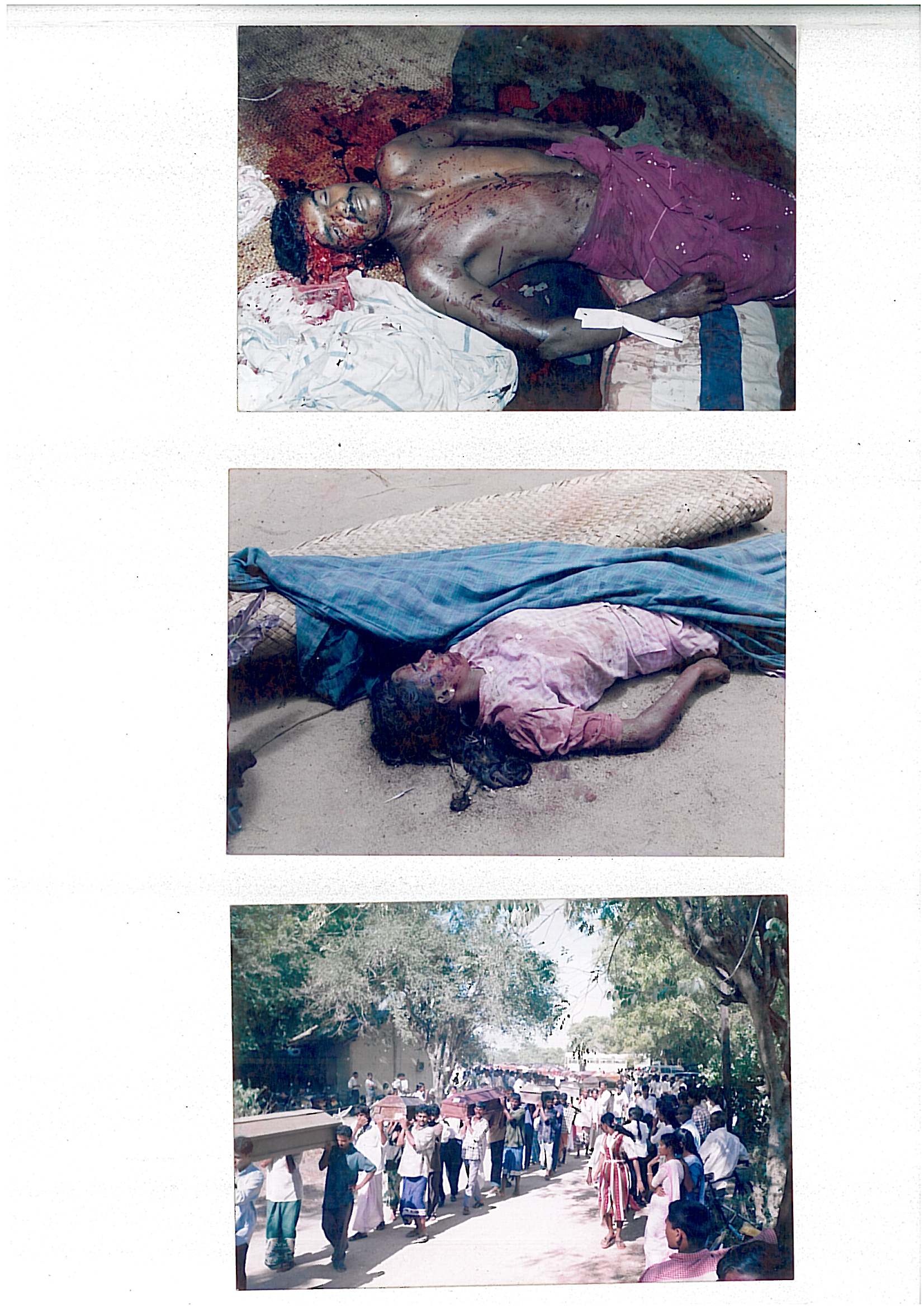 Scanned page of three photographs: the bodies of two victims, and a funeral procession carrying coffins