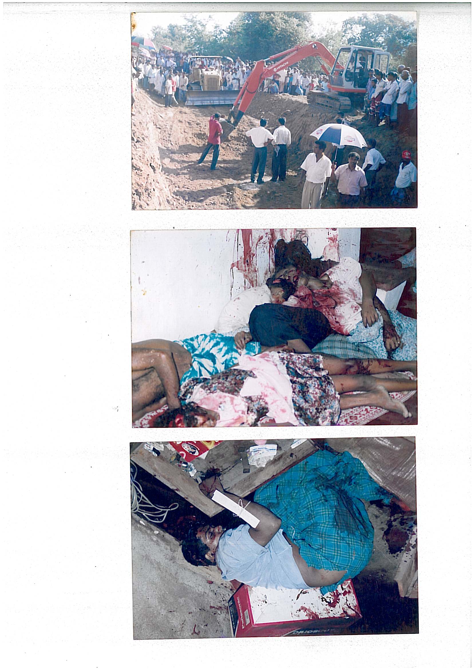 Scanned page of three photographs: crowds at the burial site, and the bodies of victims inside houses
