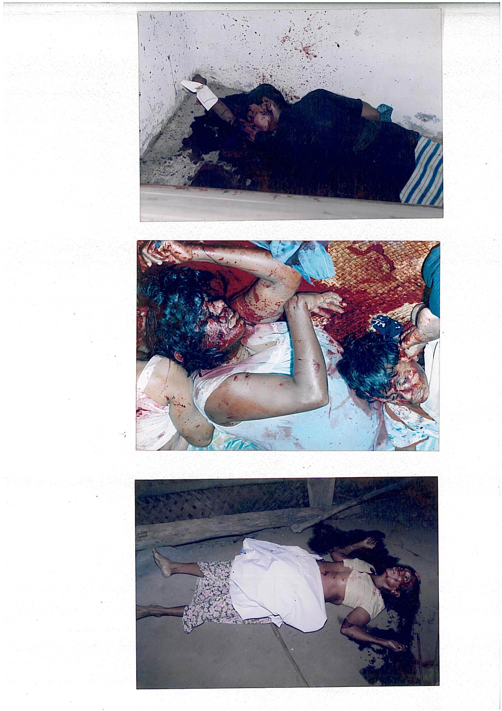 Scanned page of three photographs showing the bodies of victims inside houses