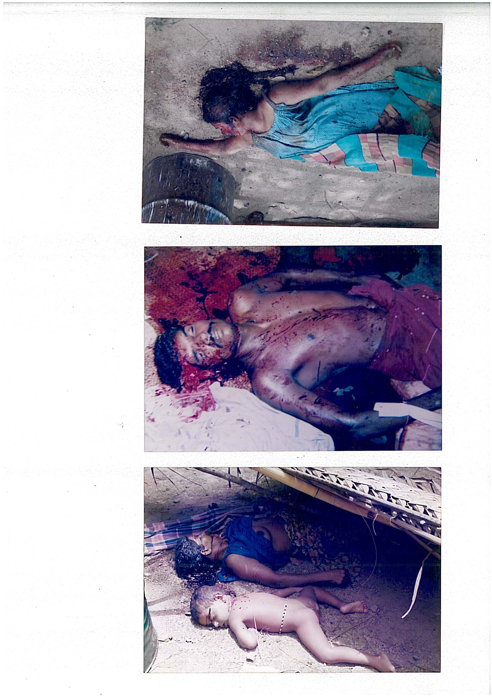 Scanned page of three photographs showing the bodies of victims, including a young child