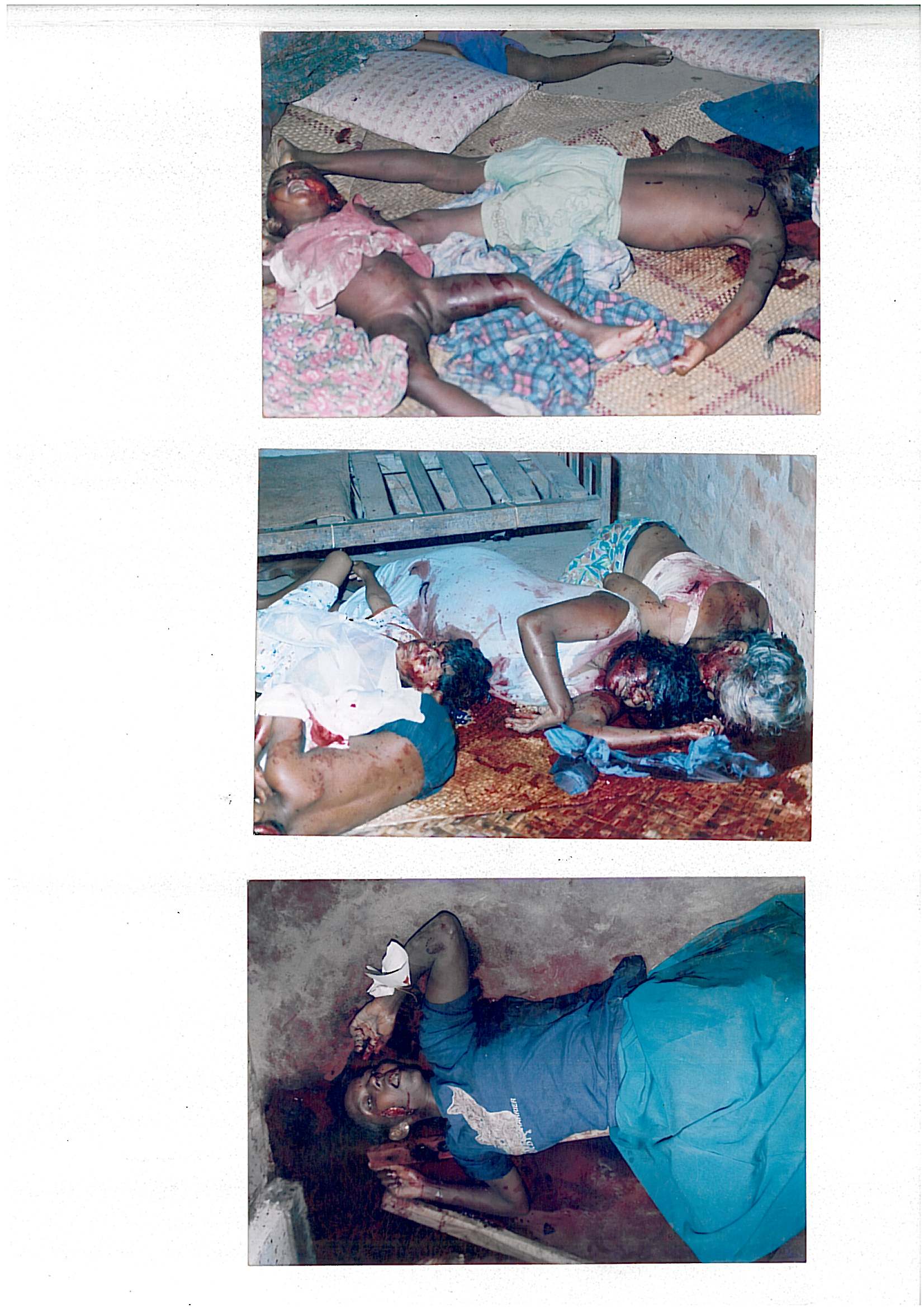 Scanned page of three photographs showing the bodies of victims, including children, inside houses